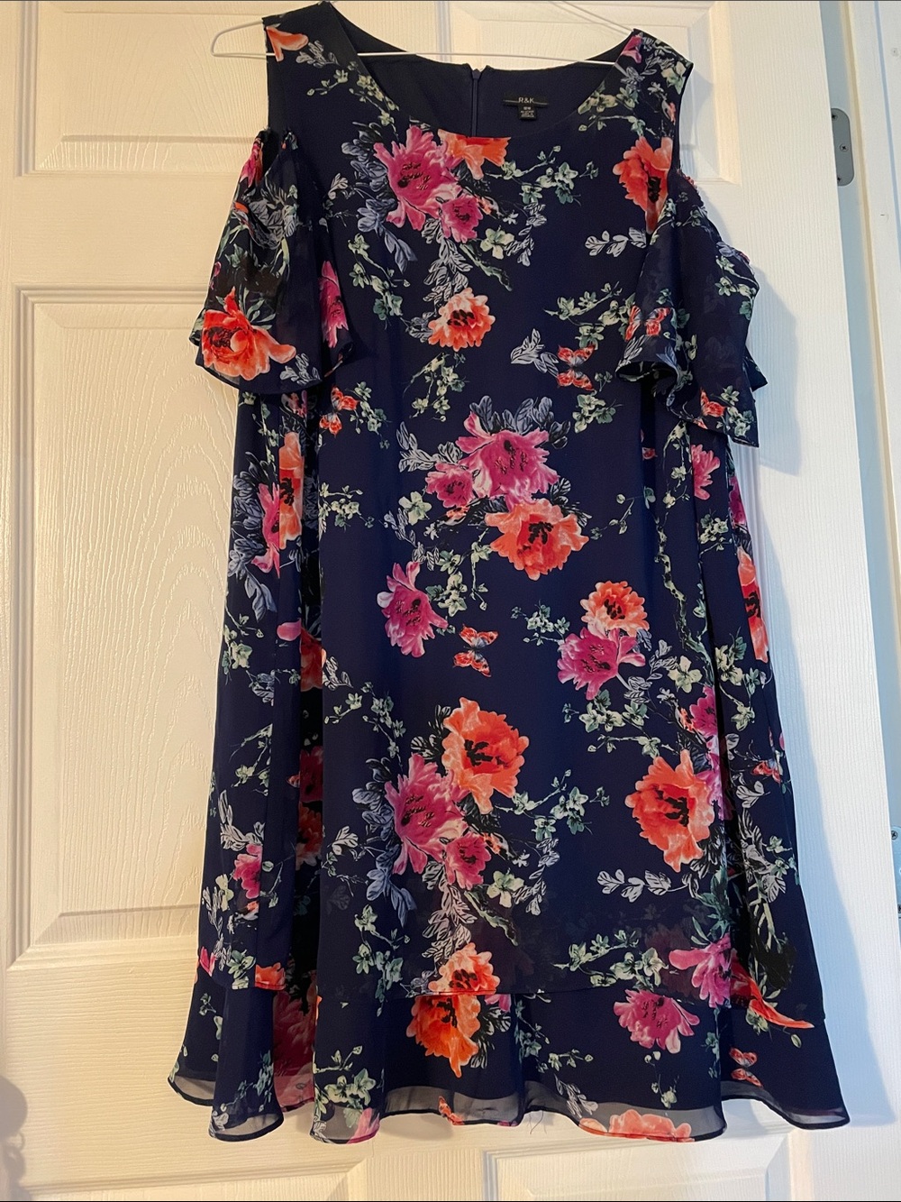 R&K Navy Floral Cocktail Dress with Pink and Orange Blooms